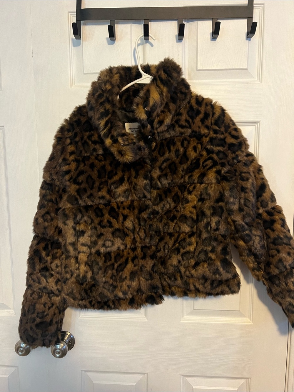Abercrombie & Fitch Womens Leopard Faux Fur Puffer Jacket - Brown - Picture 1 of 4